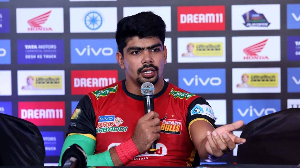 Bengaluru Bulls' Pawan Kumar Sehrawat at the post-match press conference.