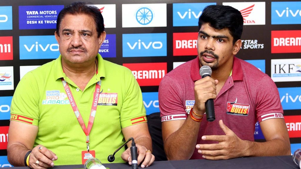Bengaluru Bulls’ Randhir Singh Sehrawat and Pawan Sehrawat address the media.