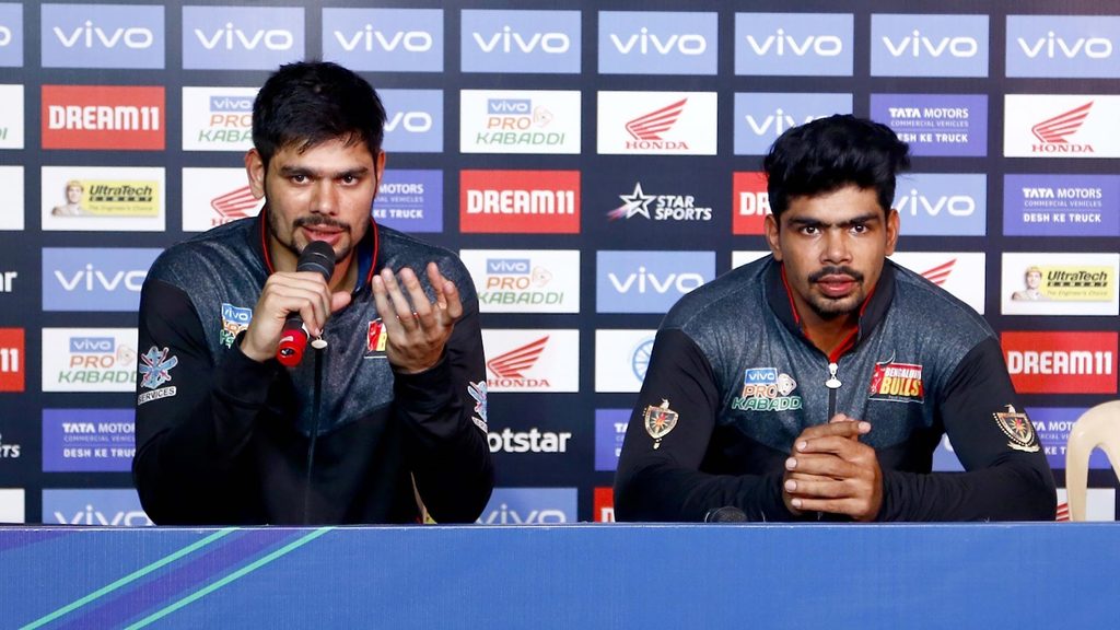 Bengaluru Bulls skipper Rohit Kumar and Pawan Sehrawat at the post-match press conference.Bengaluru Bulls