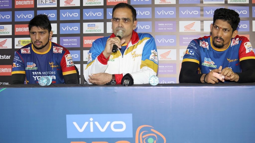 U.P. Yoddha captain Nitesh Kumar, coach Sanjeev Kumar and raider Rishank Devadiga at the post-match press conference.