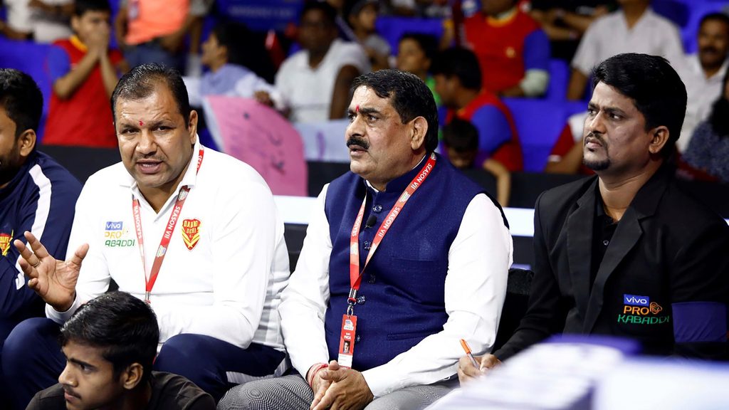 Dabang Delhi K.C. coach Krishan Kumar Hooda watches his players in action.