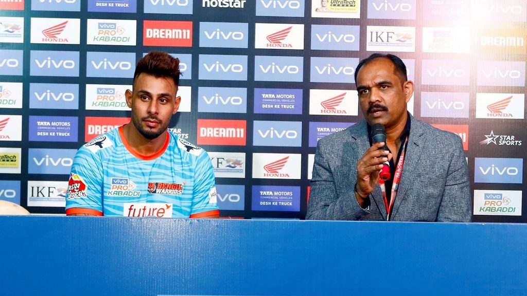 Bengal Warriors captain Maninder Singh and coach BC Ramesh at the post-match press conference.