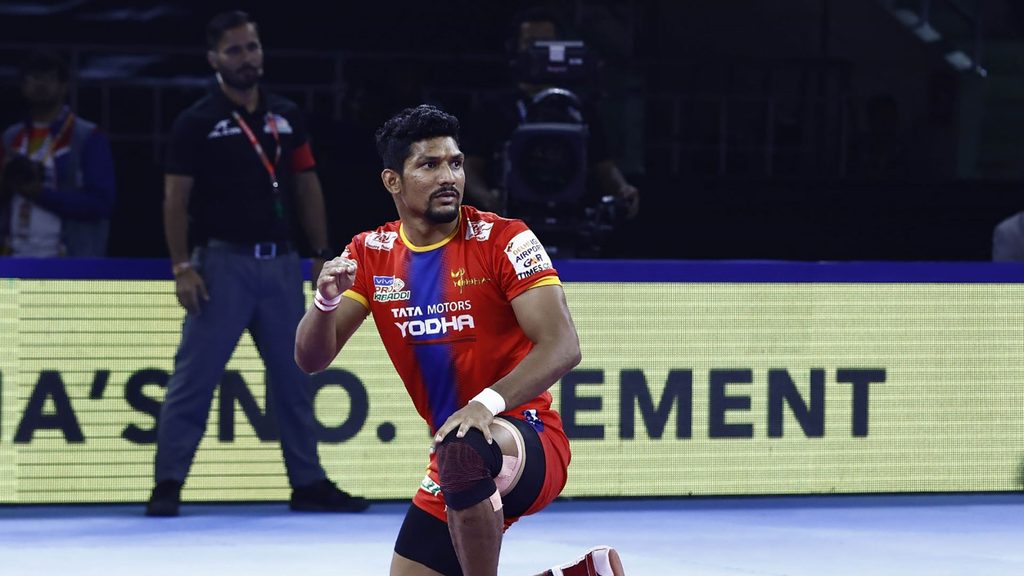 U.P. Yoddha raider Rishank Devadiga in their match against Jaipur Pink Panthers.
