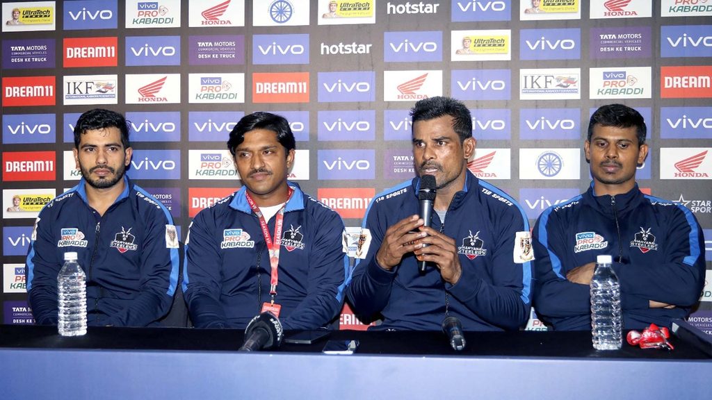 Haryana Steelers’ raider Vikash Kandola, assistant coach Mandar Shetty, skipper Cheralathan, and Prashanth Kumar Rai at the post-match press conference.