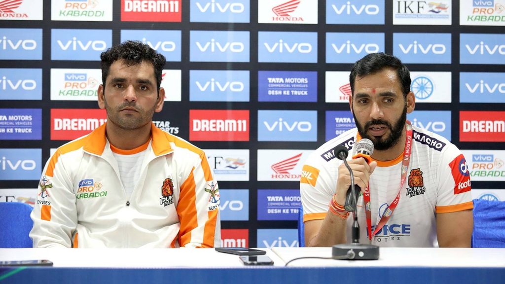 Puneri Paltan captain Surjeet Singh and coach Anup Kumar at the post-match conference.