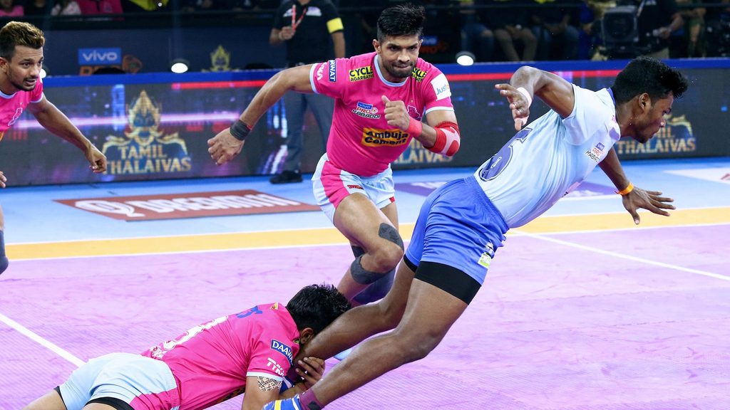 Jaipur Pink Panthers’ defenders outscored Tamil Thalaivas’ 11-6 in tackle points.