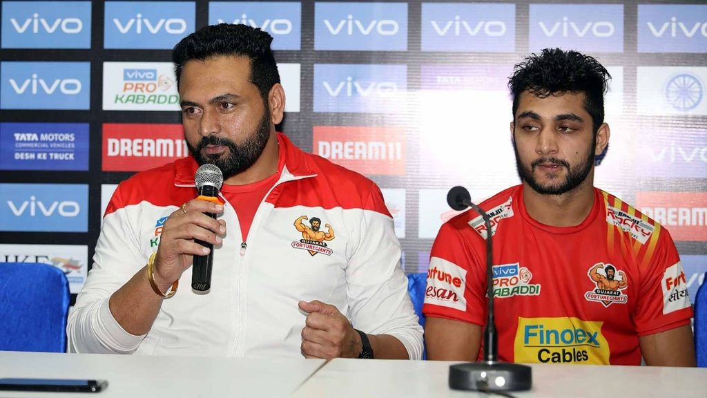 Gujarat Fortunegiants coach Manpreet Singh and captain Rohit Gulia at the post-match press conference.