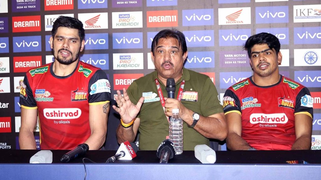 Bengaluru Bulls' Rohit Kumar, coach Randhir Singh Sehrawat and Pawan Sehrawat at the post-match press conference.