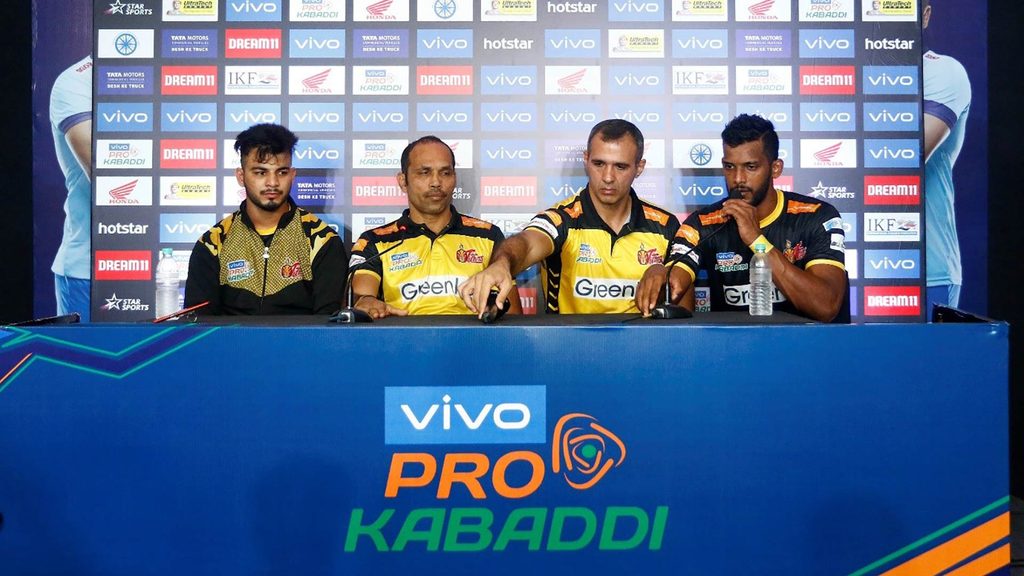 Telugu Titans’ Vishal Bhardwaj, assistant coach Jagdish Kumble, coach Gholamreza Mazandarani and star raider Siddharth ‘Baahubali’ Desai at the post-match press conference. 