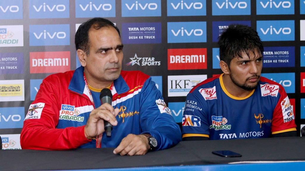 U.P. Yoddha coach Jasveer Singh and captain Nitesh Kumar.