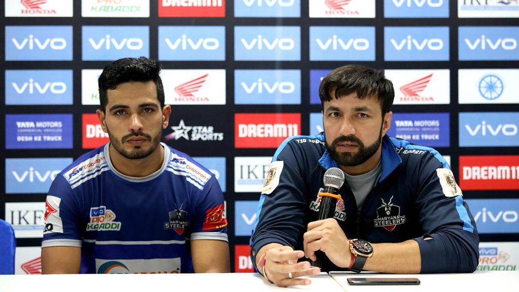 Haryana Steelers' Vikash Kandola and Rakesh Kumar at the post-match press conference.