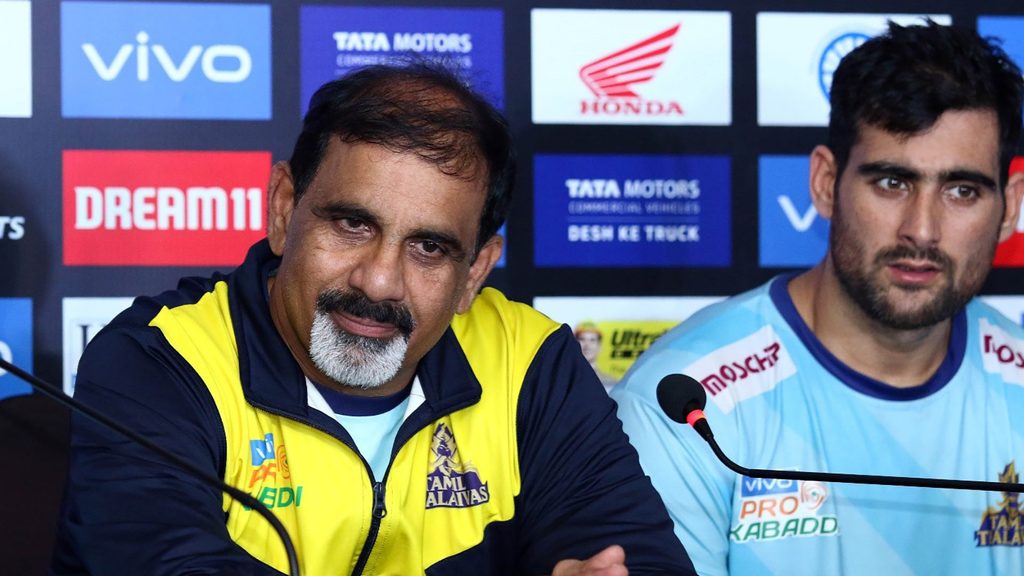 Tamil Thalaivas coach E. Bhaskaran and raider Rahul Chaudhari in the post-match press conference.